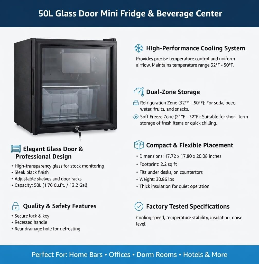 Casanta 1.8 Cubic Feet Beverage Refrigerator With Glass Door And Lock, Compact Mini Fridge For Home Bar Office And Dorm, Single Door Cooler For Soda Beer And Wine, Modern Black Finish on Fridge.com - View 6