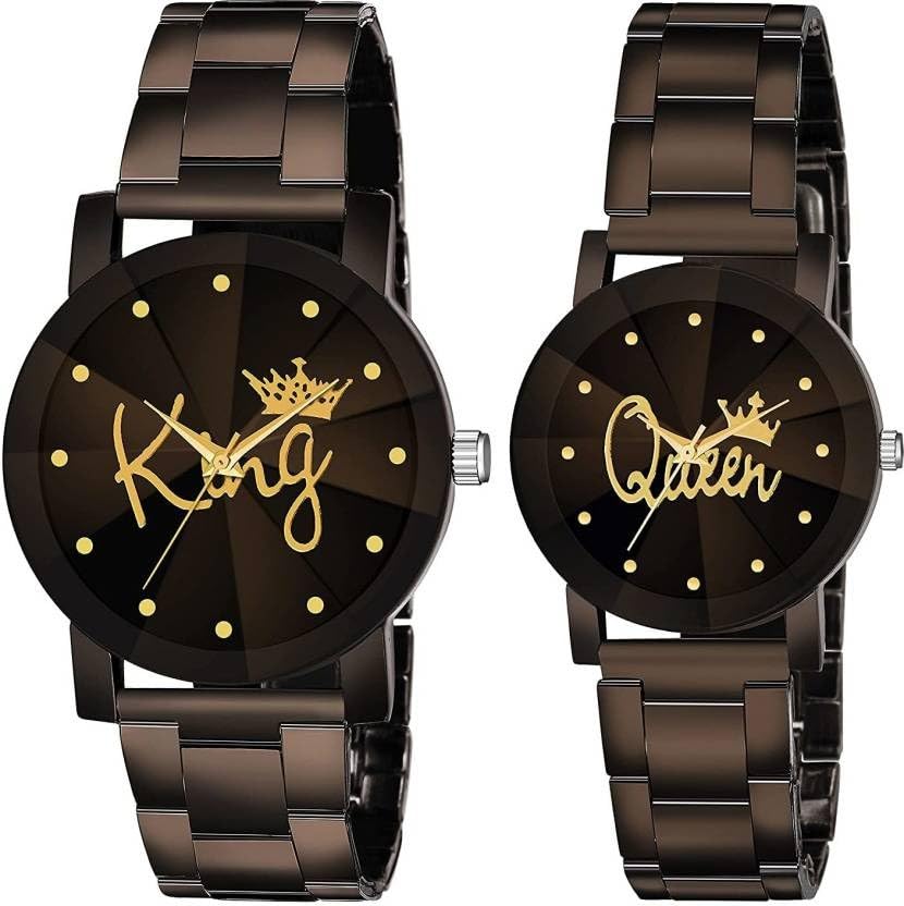 GIFFEMANS Black King Queen Dial Round Shape Stainless Steel Strap Analog Couple Watch for Men and Women - Combo of 2 (King & Queen) (B0CL6FBHCK) Amazon Price History, Amazon Price Tracker
