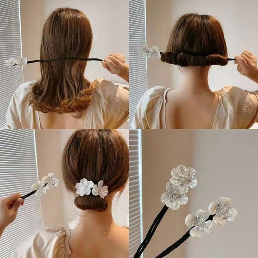 2Pcs White Shining Flowers Bun Ball Clip, Deft for Hair Twister,Tie Dye Deft Bun for Long Thick for Women Girls Bun and Crown Shapers Hair Accessories