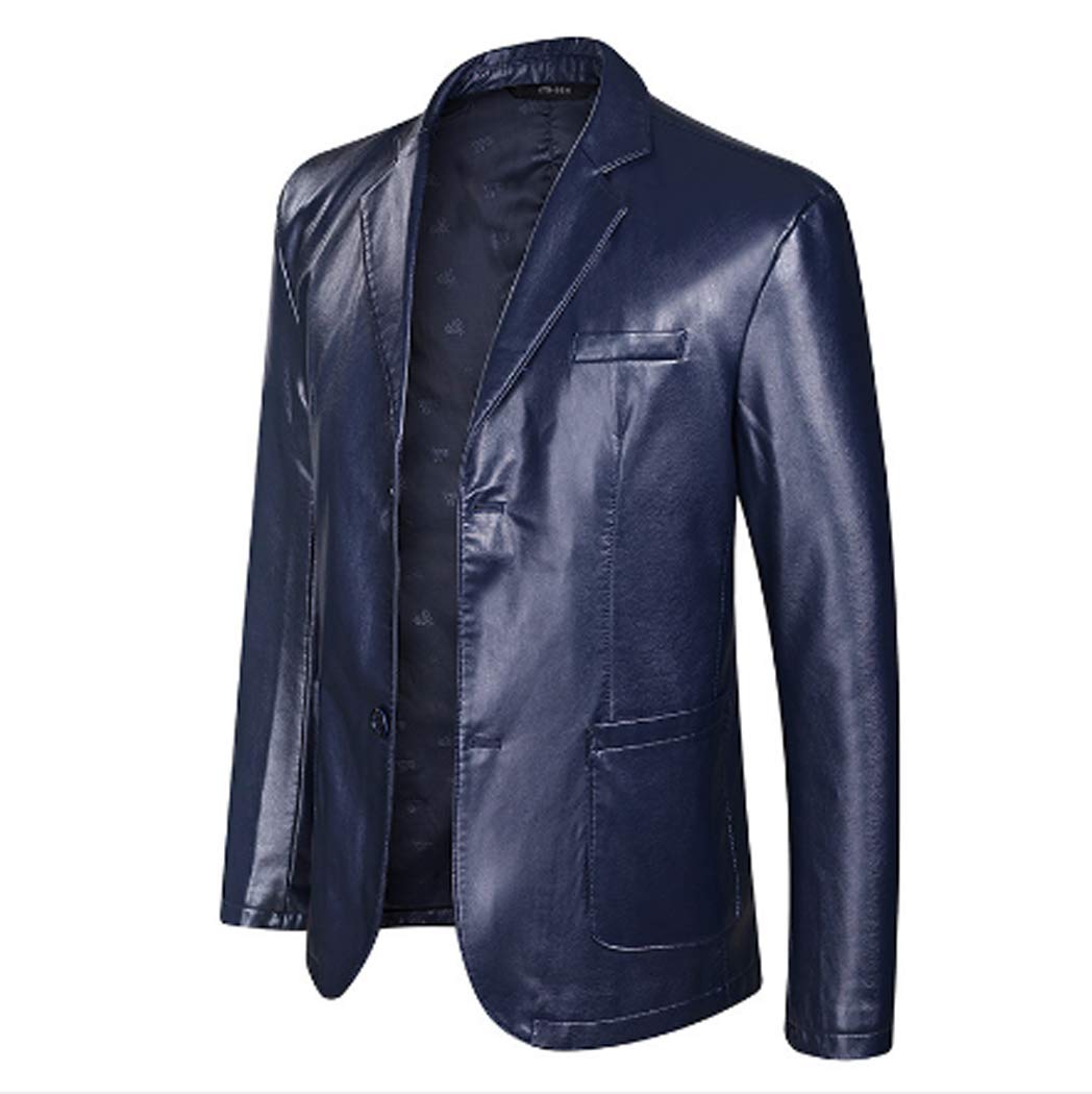 Men's Leather Jacket Spring and Autumn Winter Blazer lapel PU Faux Leather Suit Coats Motorcycle Jacket Button Smart Casual Biker Style Jacket,Blue,XXL