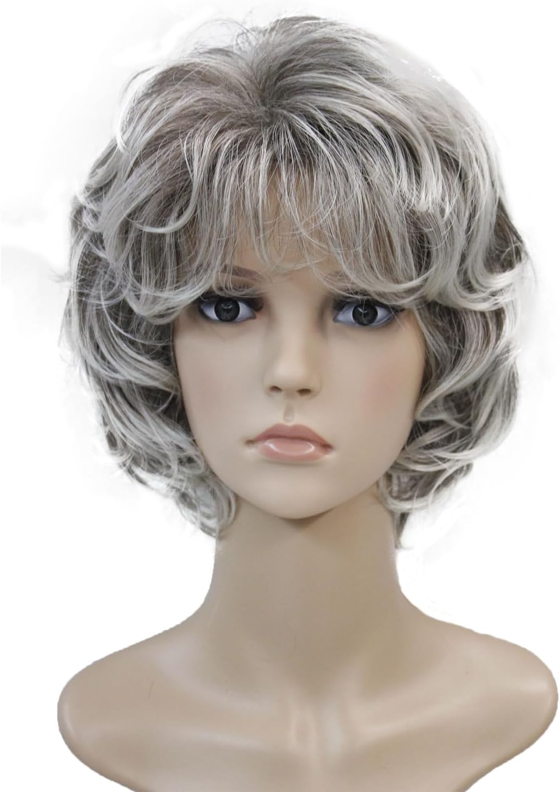Wiginway Short Layered Shaggy Wavy Wigs Full Synthetic Bob Capless Wigs for White Women Light Gray with Dark Roots