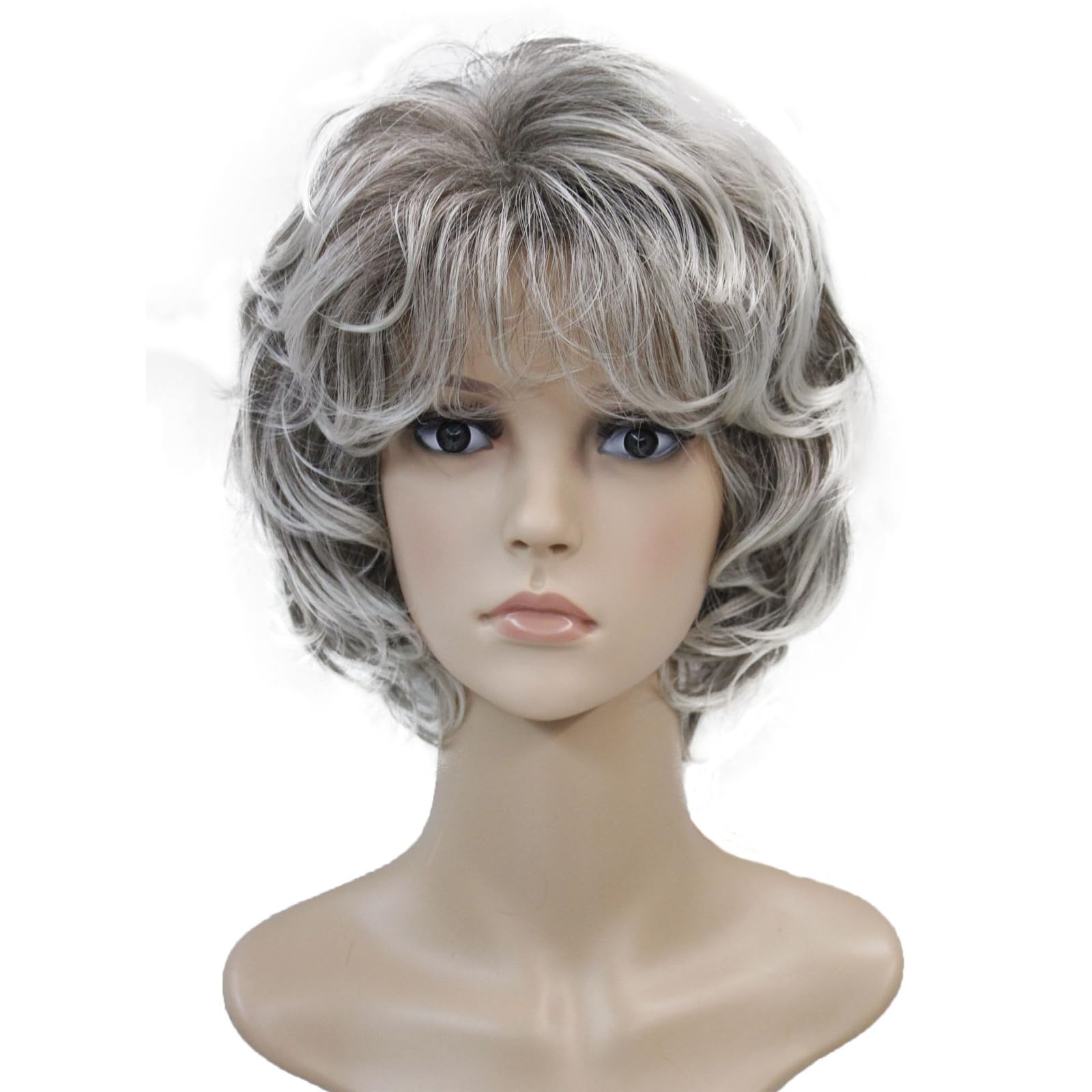 Wiginway Short Layered Shaggy Wavy Wigs Full Synthetic Bob Capless Wigs for White Women Light Gray with Dark Roots