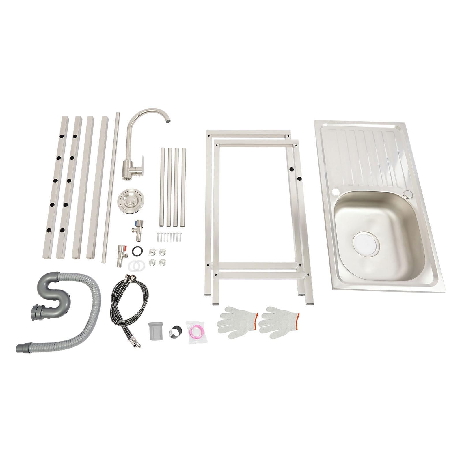 Fregadero de cocina independiente de acero inoxidable, 75 x 40 cm, con grifo | Fregadero de cocina independiente de acero inoxidable para jardín y terraza con desagüe y patas ajustables