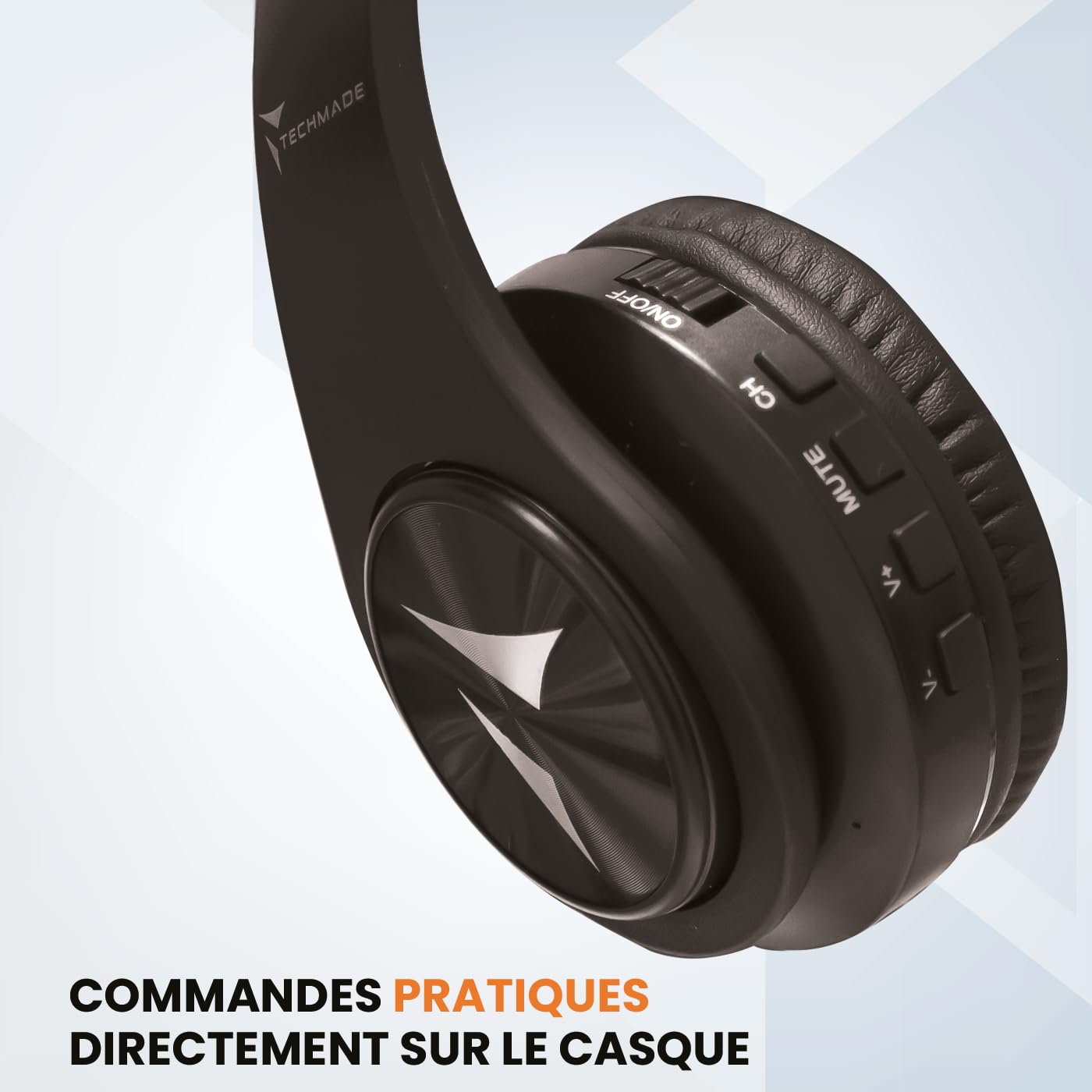 Techmade - Casque TV sans Fil avec Adaptateur Inclus | Connexion Optique, AUX, RCA | Contrôle Volume intégré | Compatible Tous appareils AUX | Coussinets rembourrés, Noir
