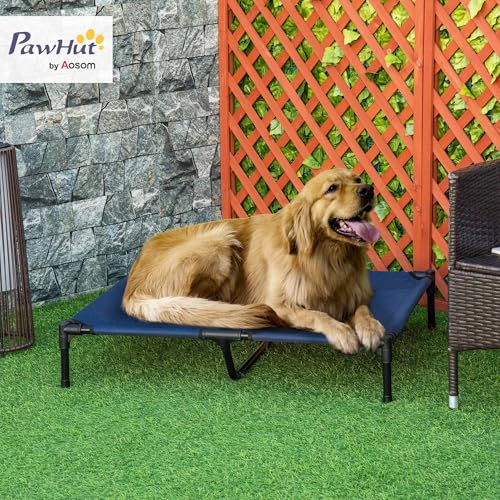 PawHut Hundeliege Outdoor, Erhöhtes Hundebett für Grosse Hunde, Kühlende Haustierliege Katzenbett mit Waschbares Mesh Metallrahmen für Garten Camping, 92 x 76 x 18 cm, Blau