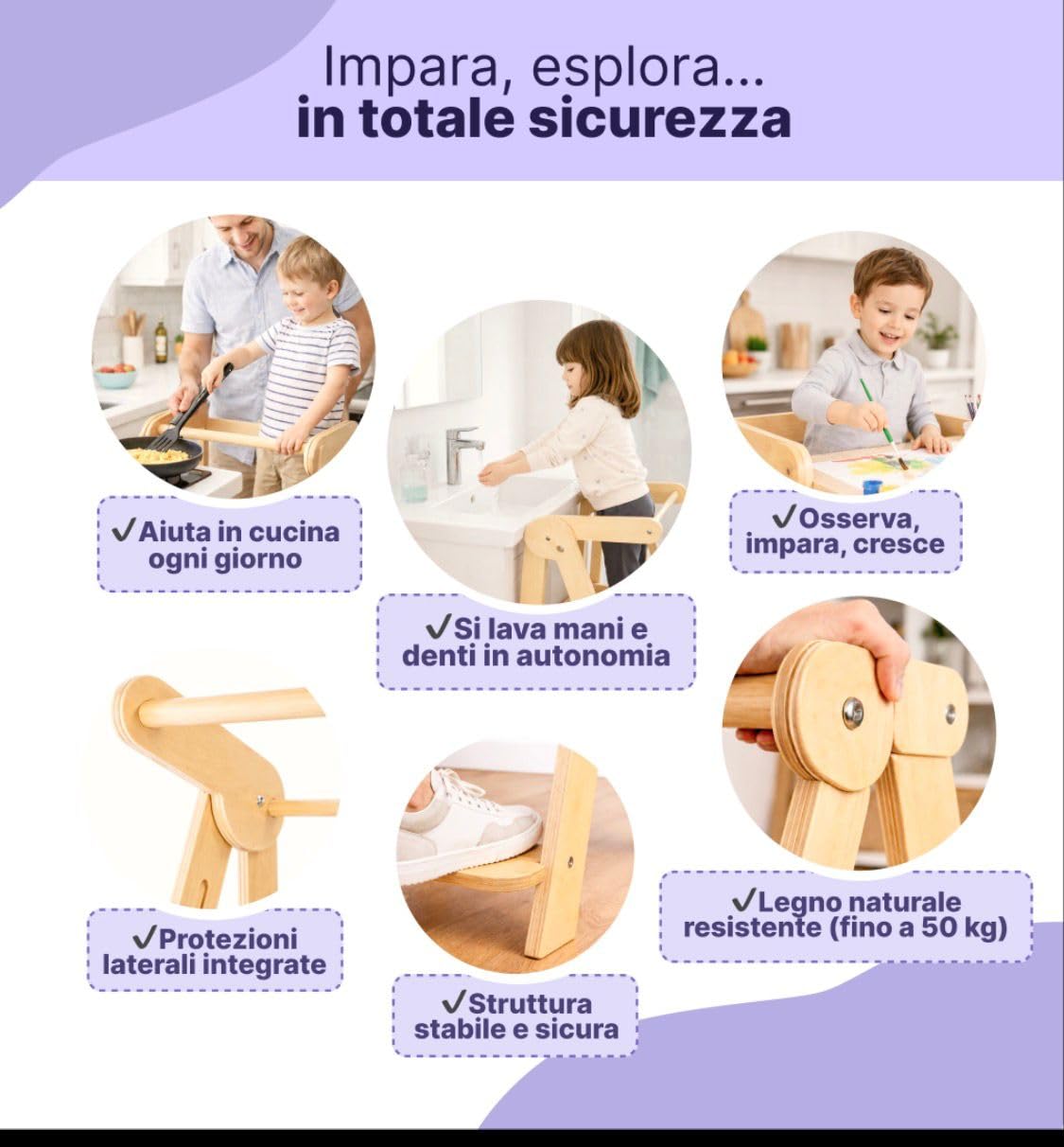 WOODYLAND Torre montessoriana Find, sgabello bambini regolabile e salvaspazio in legno naturale, ideale per cucina e bagno, 18 Mesi–6 Anni, 118 x 56 x 18 cm