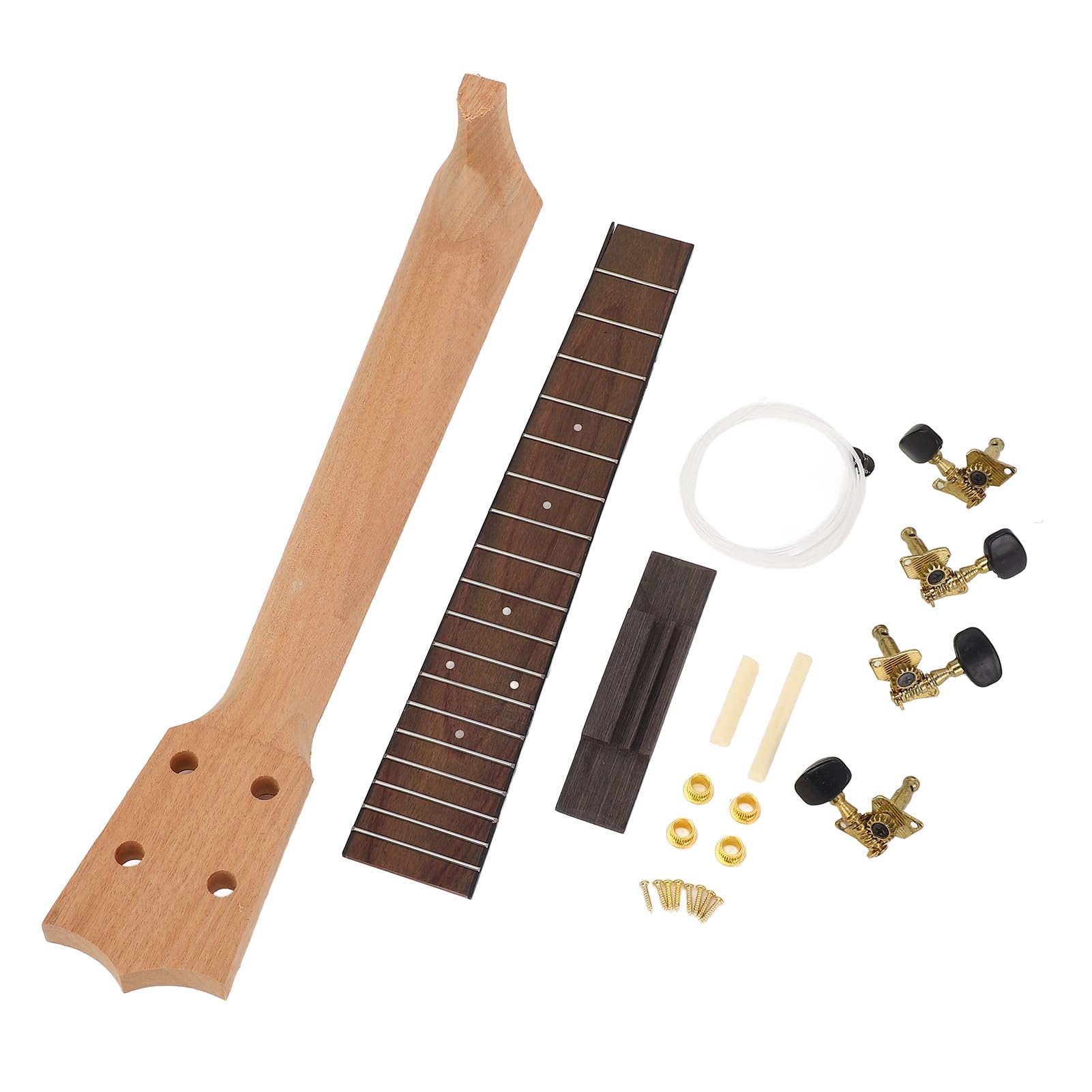 Kit de Manche de ukulélé, Touche en Palissandre, Kit D'assemblage de Manche de ukulélé Artisanal avec Bouton de Corde et Ensemble de Chevalet pour les Amateurs D'instruments de