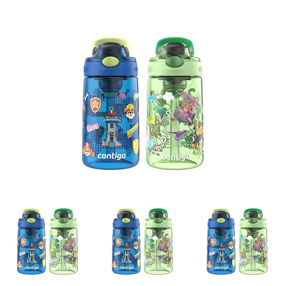 Contigo Aubrey Paw Patrol Leak-Proof Spill-Proof 8-Pack Water Bottle with Autospout 14oz Power Pups and Dino Treks Green