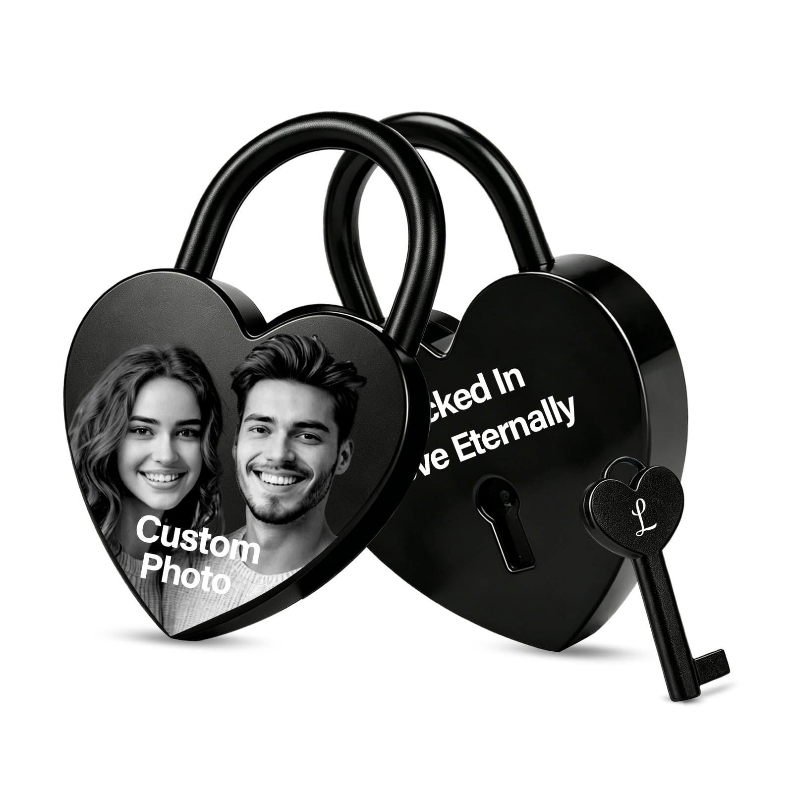 Personalised Padlock with Photo, Icon & Text Engraving, Double-Sided Engraved Padlock for Bridge Anniversary Valentine’s Wedding Romantic Keepsake Gift (Personalised Photo Locket)