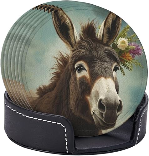 Miniatura 7 de Juego de 6 posavasos de cuero con estampado de animales de burro, resistentes al calor para bebidas, tapete redondo con estuche de almacenamiento