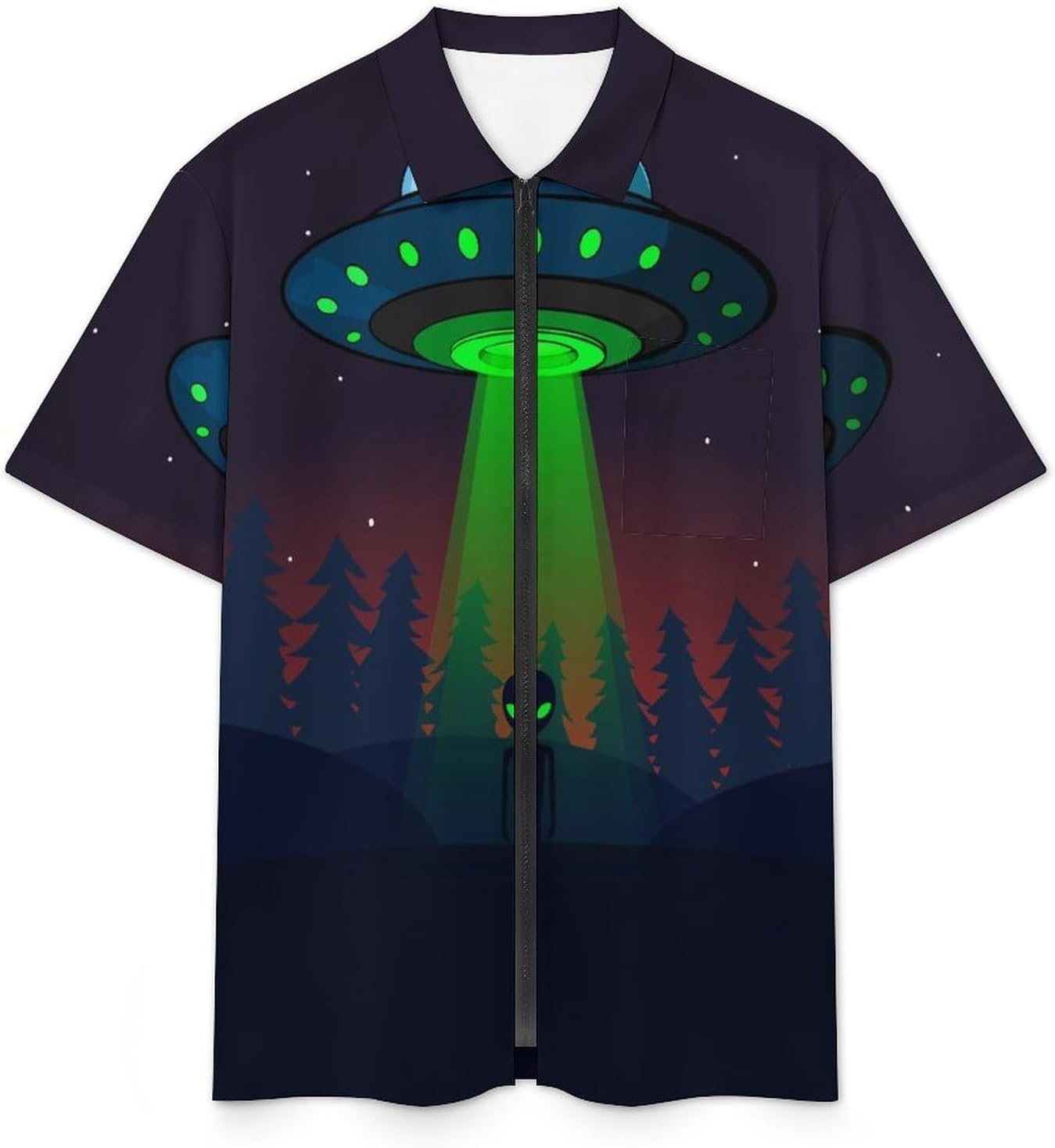 Aliens Spaceship at Night Men's Short Sleeve Shirt Zip-Up Golf Polo Shirts with Pocket