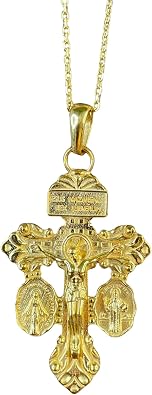 14K Real Gold Pardon Crucifix Pendant, Jesus Cross Necklace with St. Benedict & Miraculous Medal, Catholic Sacramental Jewelry, Religious Protection Charm
