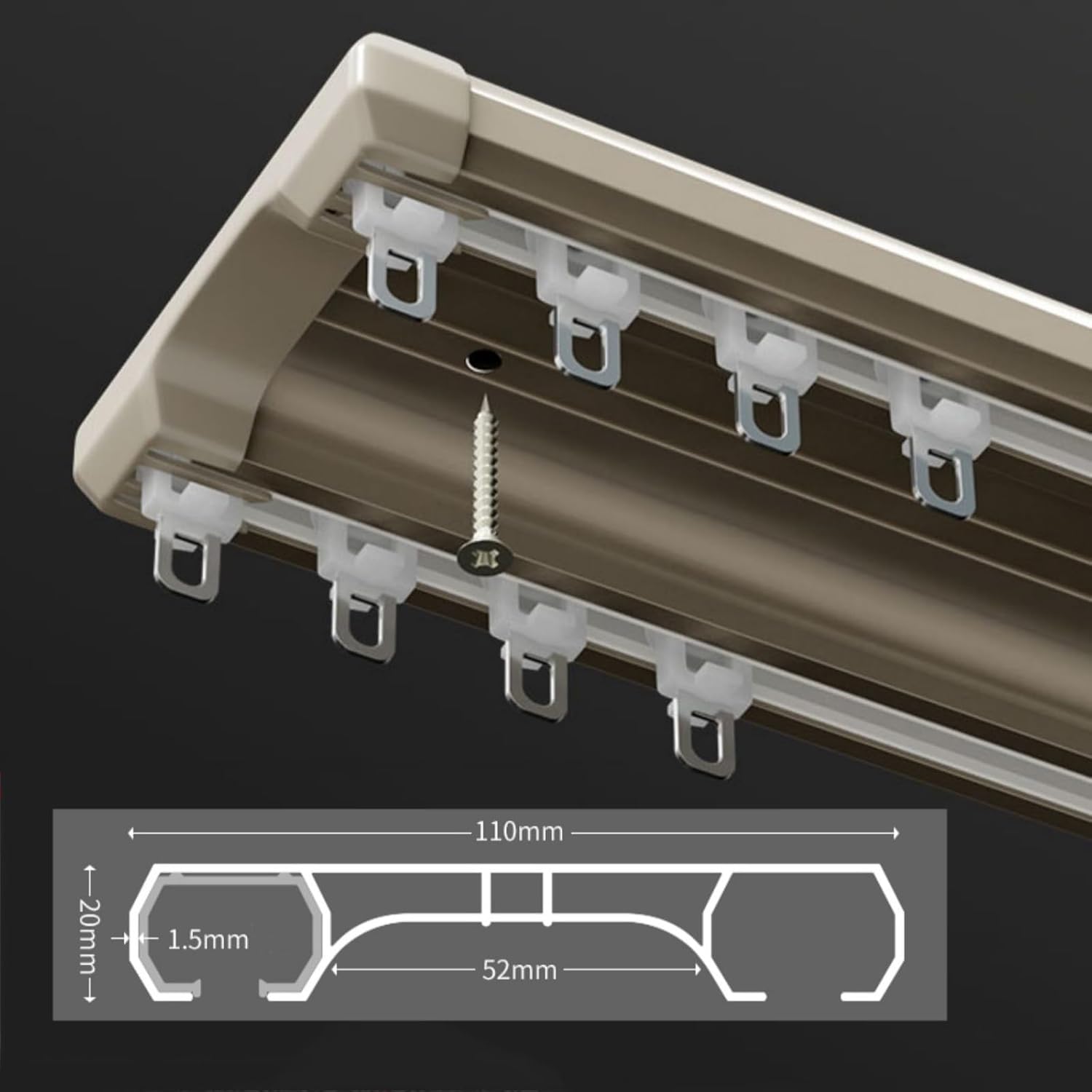 Heavy Duty Continuous Double Track Curtain Track Electrophoresis Double Row Track ABS Seal Aluminium Alloy Slide Ceiling Mounted for Room Privacy Barrier(Brown,5.6ft)