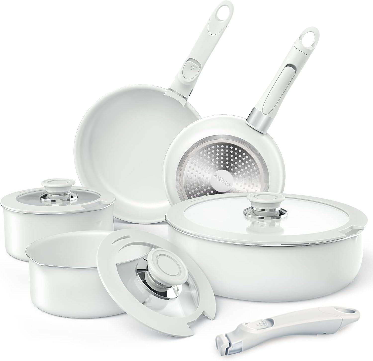 Bazova Pots and Pans Set Nonstick with 3 Detachable Handles