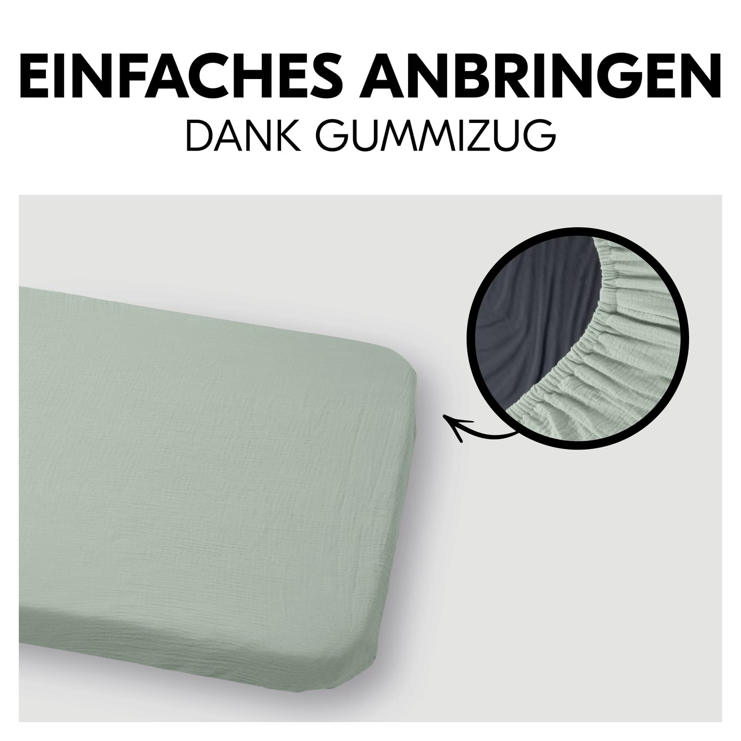 hauck Baby Spannbettlaken 60x120 cm für Reisebettmatratzen, Baby Matratzenbezug Baumwolle Musselin, 60° C Maschinenwäsche, Babybettlaken mit Gummizug (Sage)