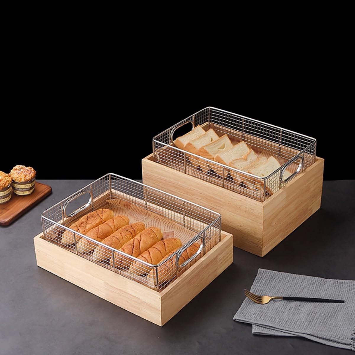 Espositore per cibi fritti a Buffet Commerciale dell'hotel, Supporto in Legno, Cesto per Pane di Frutta in Acciaio Inossidabile, Cestino espositivo,B