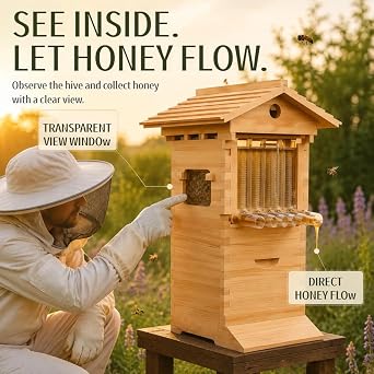 Beginner's Complete Bee Hive Kit, Wooden Beehive Box with Observation Window & Honey Tap, Complete Hive with Frames & Wax Foundation, Flat Pack Beekeeping Kit