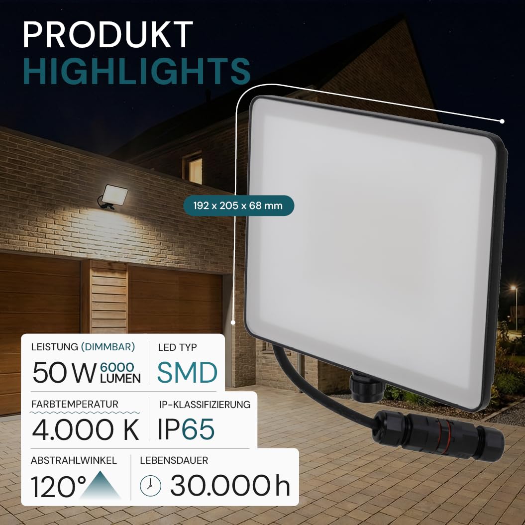 LUXULA LED Strahler mit Bewegungsmelder außen 4 Stück - 50W 6000lm 4000K neutralweiß, IP65 230V Fluter mit Kabelverbinder, 120° verstellbar, Wand- & Eckmontage für Hauswand, Einfahrt, Hof