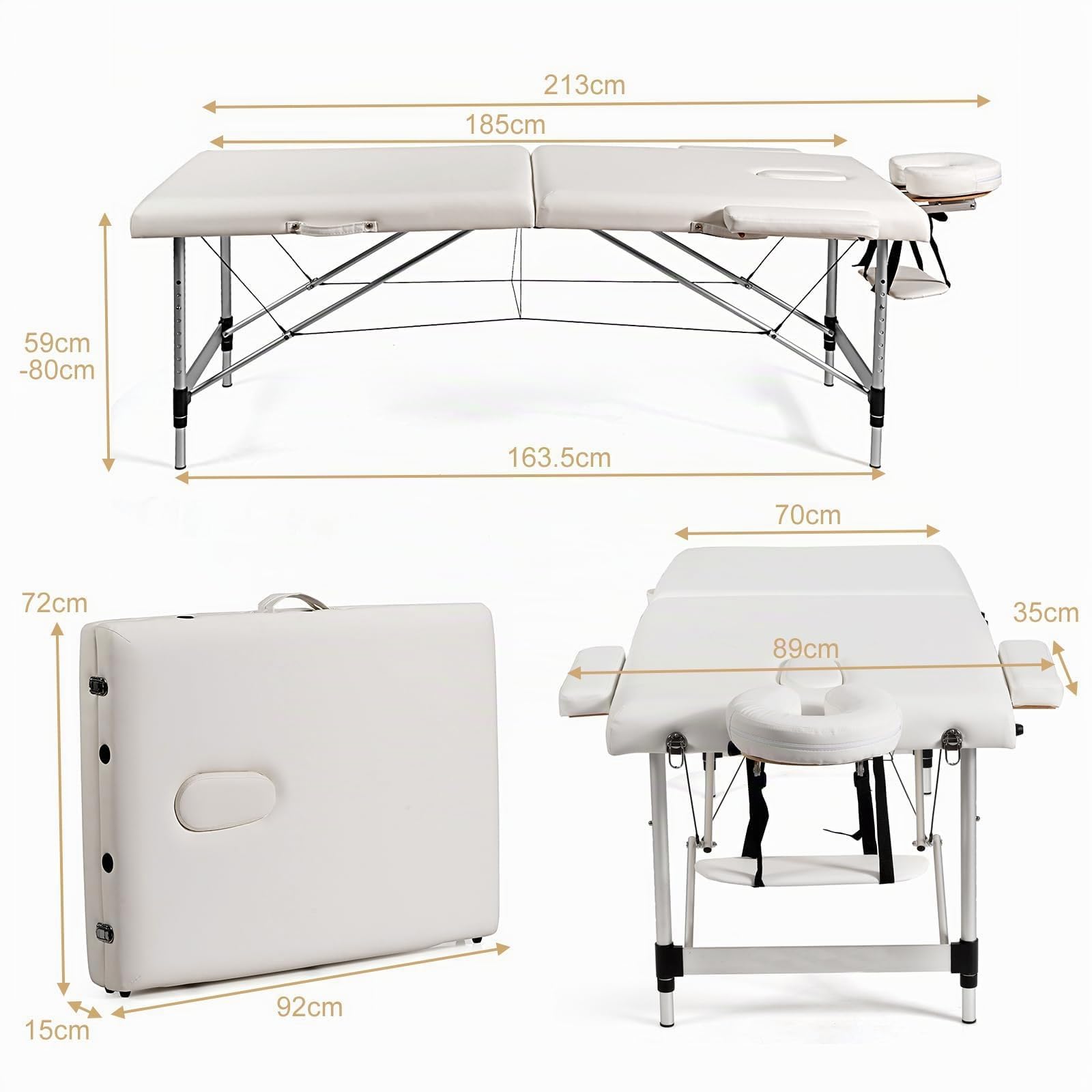 GOPLUS Massageliege, 2 Zonen Massagetisch aus Aluminium bis zu 250kg, Mobile Massagebank klappbar & höhenverstellbar, 70cm breit Massagebett mit Kopfstütze, Armlehnen & Tragetasche für Spa, Weiß