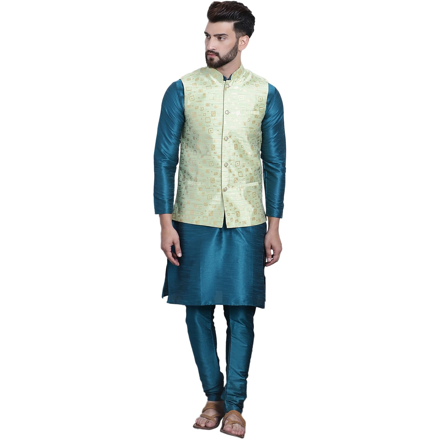 sojanya (Since 1958 Men's Silk Blend Kurta Pyjama & Nehrujacket Combo-picture-49