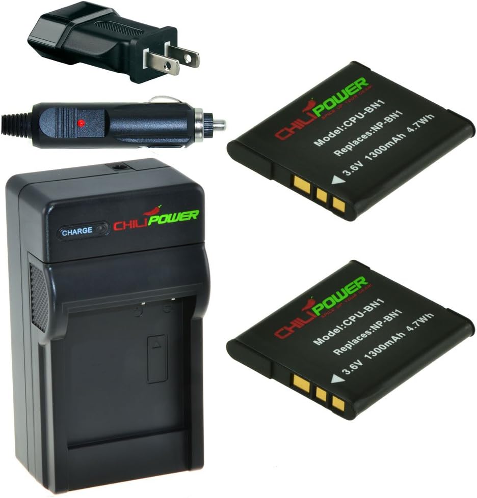 ChiliPower NP-BN1 1300mAh Battery 2-Pack + Charger (US Plug) for Sony Cybershot DSC-WX5, DSC-WX7, DSC-WX9, DSC-WX30, DSC-WX50, DSC-WX70, DSC-WX80, DSC-WX150, DSC-QX10, DSC-QX100, DSC-T99, DSC-T110, DSC-TF1, DSC-TX9, DSC-TX10, DSC-TX20, DSC-TX30, DSC-TX55, DSC-TX66, DSC-TX100V, DSC-TX200V, DSC-W350, DSC-W360, DSC-W380, DSC-W390, DSC-W510, DSC-W515PS, DSC-W520, DSC-W530, DSC-W550, DSC-W560, DSC-W570, DSC-W580, DSC-W610, DSC-W620, DSC-W650, DSC-W690, DSC-W710, DSC-W730, DSC-W810, DSC-W830
