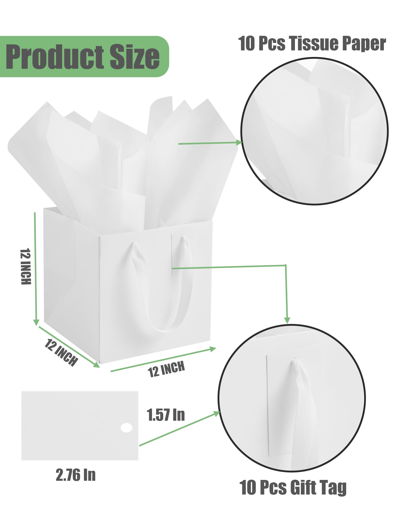 IN-JOOYAA 10 sacchetti regalo quadrati bianchi con carta velina, grandi sacchetti regalo con manici, per regali (30,5 x 30,5 x 30,5 cm)