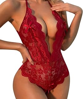 MIZSPISE Sexy Lingerie Lace Bodysuit Women Sheer Shapewear One Piece Teddy Underwear Naughty Backless Babydoll Transparent Corset Jumpsuit Ladies Nightwear White Black Red Blue
