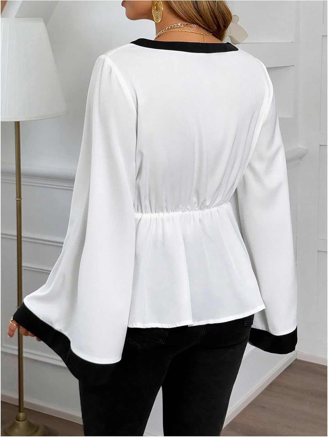 Floerns Women's Plus Size Color Block Peplum Shirts Button Crew Neck Bell Sleeve Blouse - Image 3