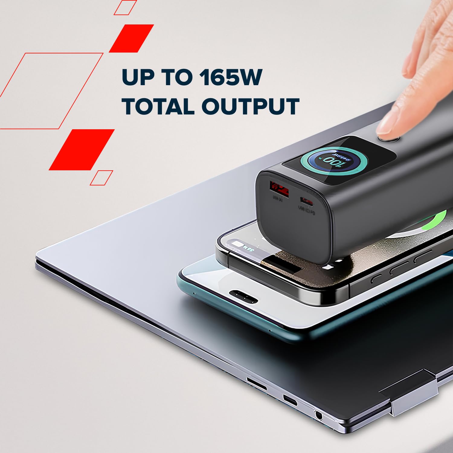 CANYON OnPower 265 Power Bank 20000 mAh 165 W, Dual 100 W USB-C, USB-A, cavo USB-C integrato da 60 cm, display TFT, approvato dalle compagnie aeree, grigio scuro
