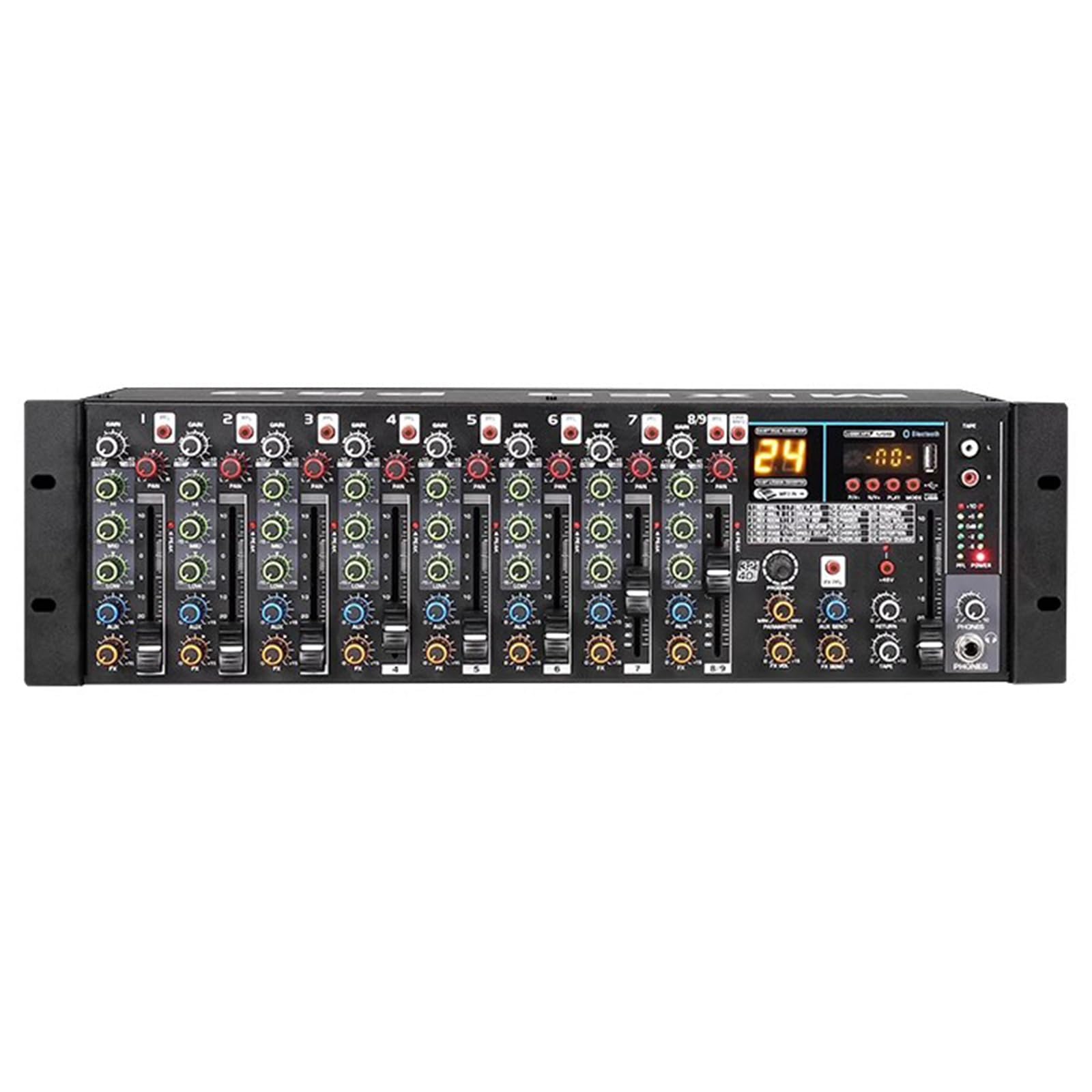 9-wejściowy mikser mikrofonowy/liniowy, przedwzmacniacze mikrofonowe, z funkcją Bluetooth, 3-pasmowy korektor na kanał, 24 rodzaje efektów pogłosu, do baru, wydajności scenicznej