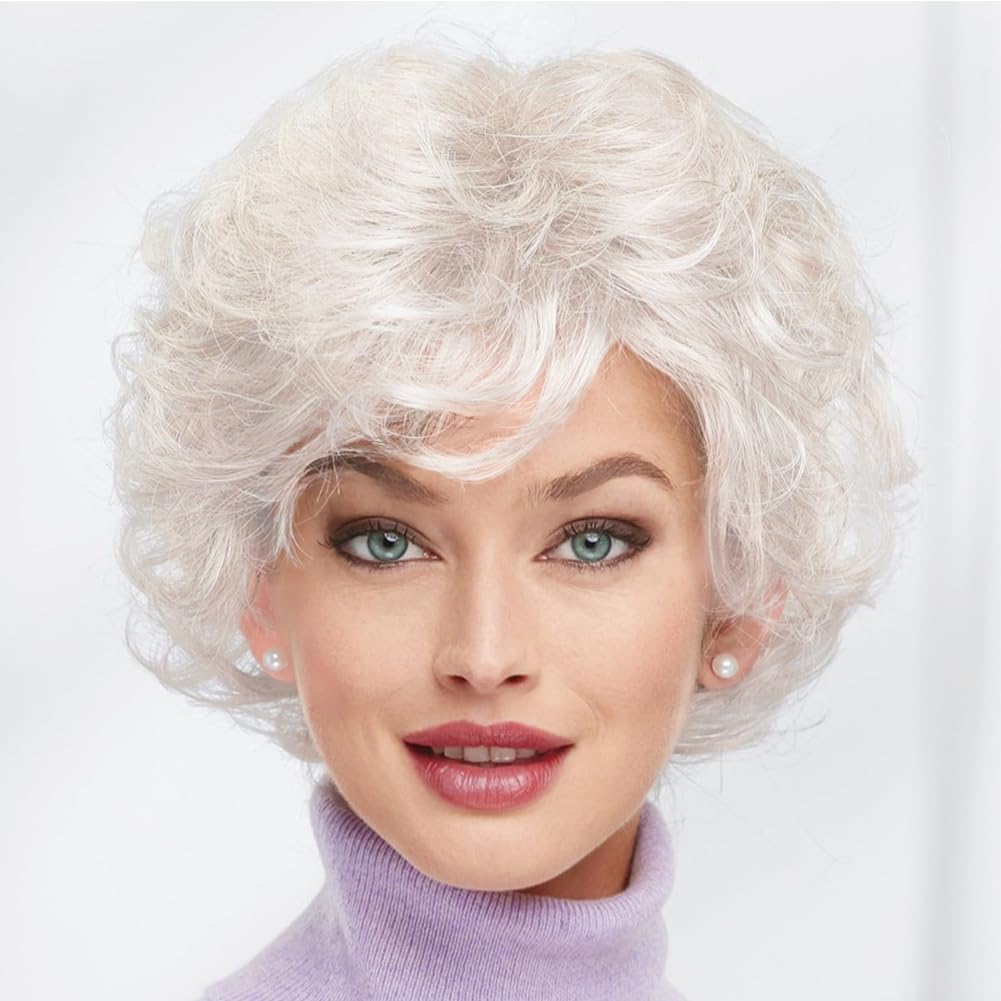 Salaibs Short Curly White Wigs for Women Natural Resistant Synthetic Hair Old Ladies Daily Cosplay Hair Wigs