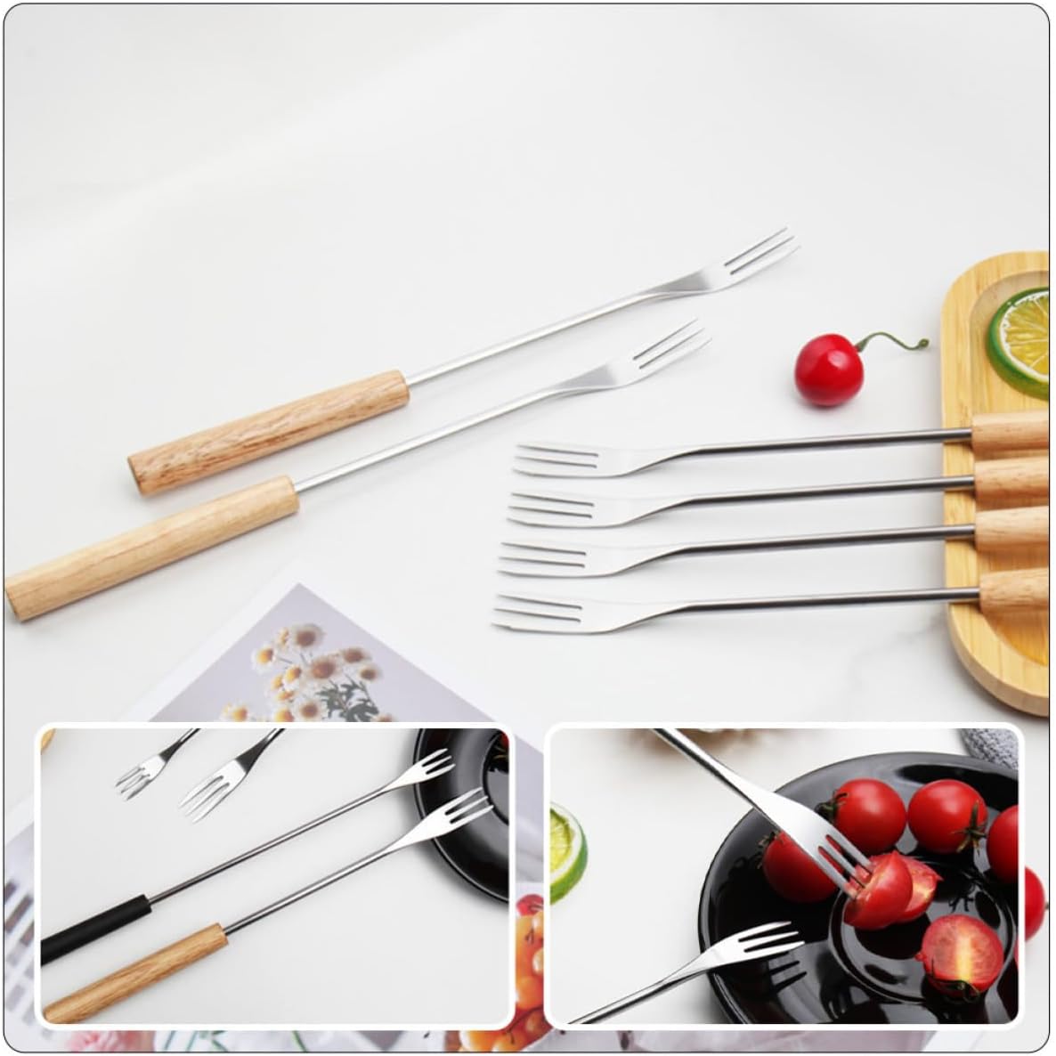 Wakauto Fondue Forks Sturdy and Long-lasting with Wood Handle 6pcs Stainless Steel Kitchen Dipping Forks for Cheese and Fruit for Hotels and Outdoor Camping
