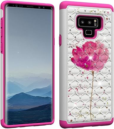 Slynmax Paillettes Coque pour Samsung Galaxy Note 9 2 en 1 couche support souple Gel Paillettes Bling Diamant Housse en silicone + 1 * stylet fleur