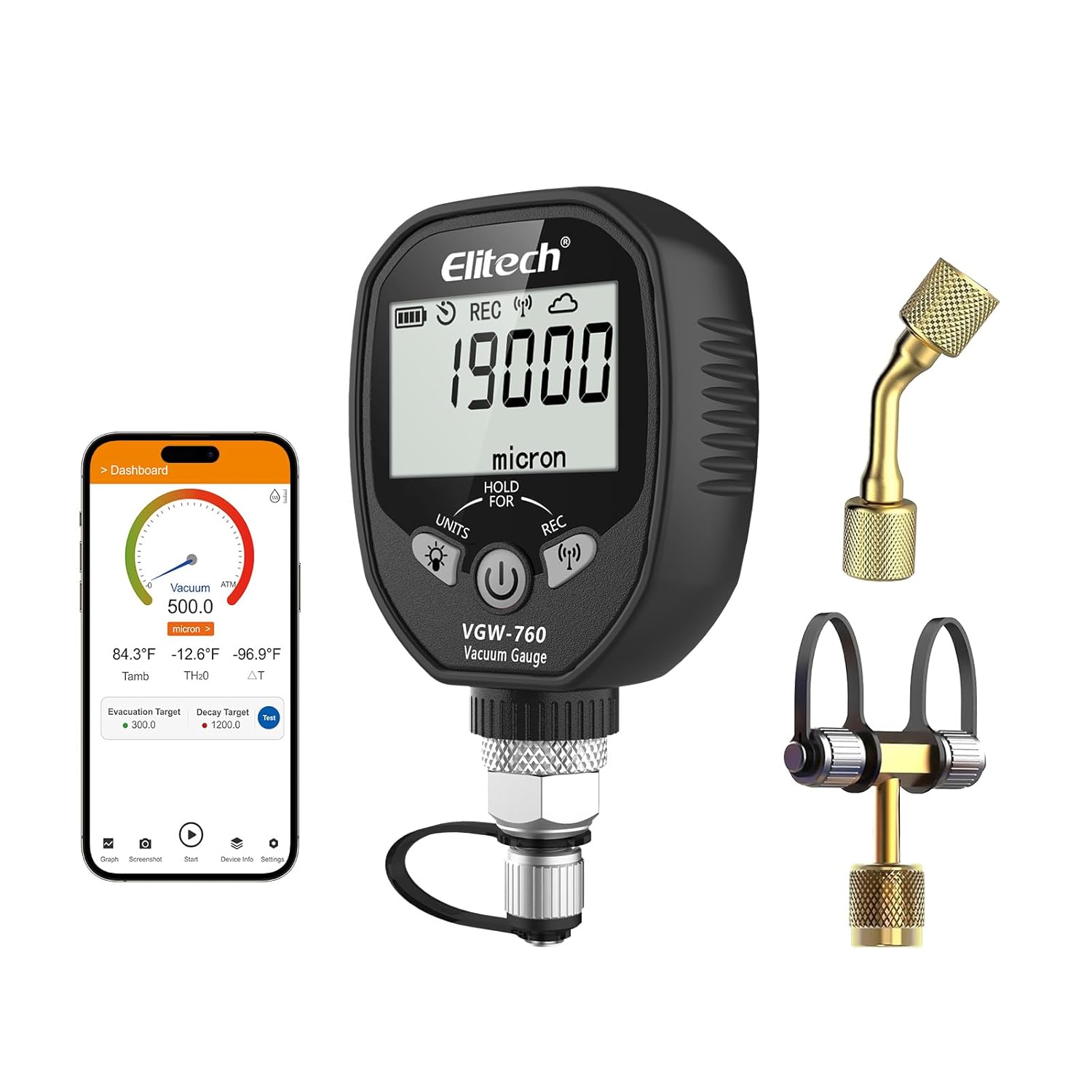 Elitech Full-Range Micron Gauge, Wireless Digital Vacuum Gauge with Adaptor Pressure Tester Meter HVAC, Alarms via APP, Offline Recording, 1/4" SAE, VGW-760Pro