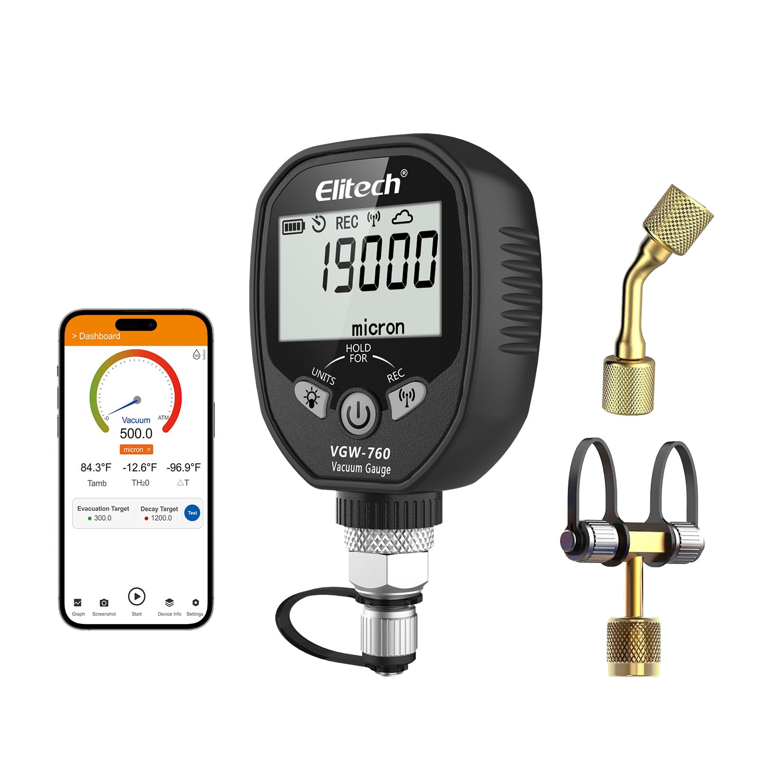 Elitech Full-Range Micron Gauge, Wireless Digital Vacuum Gauge with Adaptor Pressure Tester Meter HVAC, Alarms via APP, Offline Recording, 1/4" SAE,