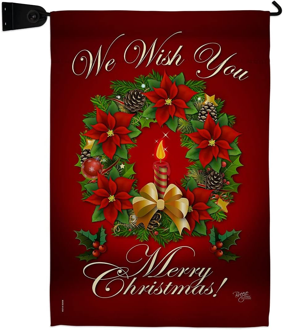 We Wish You Garden Flag Set Wall Holder Wintertime Christmas Santa Marry Xmas Present Reindeer Season Snow Small Decorative Gift Yard House Banner Made In USA 13 X 18.5
