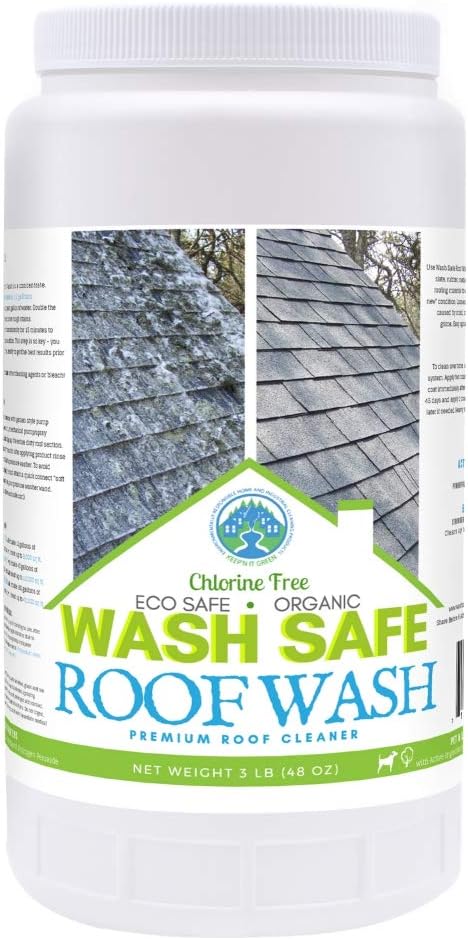 Wash Safe™ ROOF WASH Eco-Safe and Organic Roof Cleaner, 3 lb. | Clear, Bleach-Free Concentrate | Clean Up to 3,000 sq. ft. of Asphalt, Wood, Slate and Ceramic Shingles or Tiles