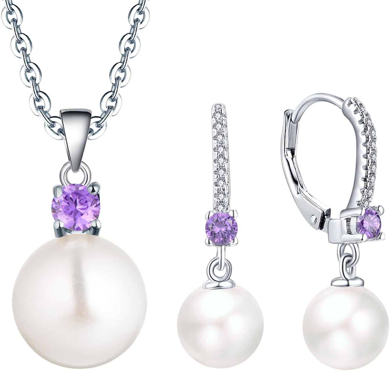 JO WISDOM Pearl Jewelry Set for Women,925 Sterling Silver 10mm Freshwater Pearl Pendant Necklace February Birthstone Amethyst Dangling Earrings 8mm Pearl Leverback Dangle Earrings