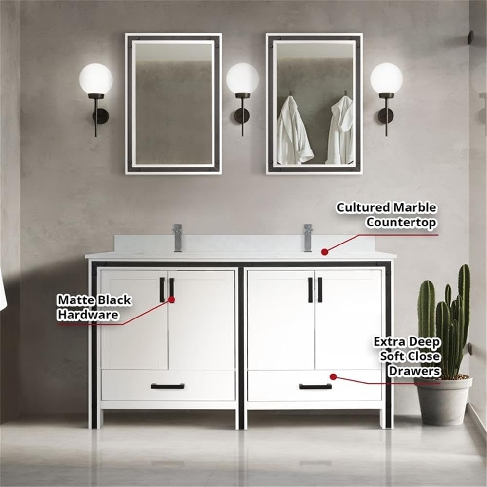 Ziva 60 in W x 22 in D White Double Bath Vanity, Cultured Marble Top and 22 in Mirrors
