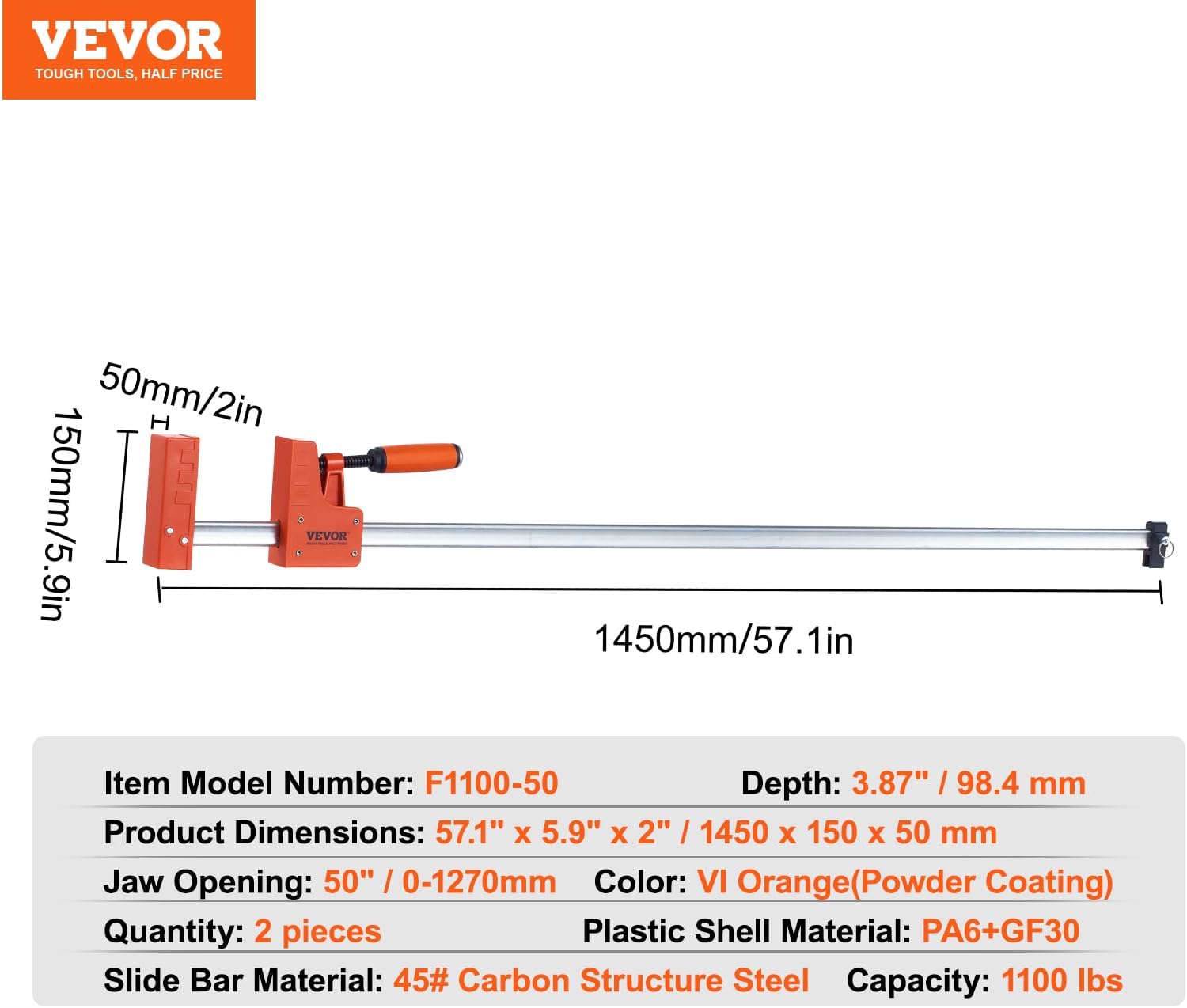 VEVOR Bar Clamps for Woodworking, 2-Pack Parallel Clamp Set, F Clamp, Even Pressure, High-strength Plastic and Carbon Steel, Wood clamps for Woodworking Metal Working