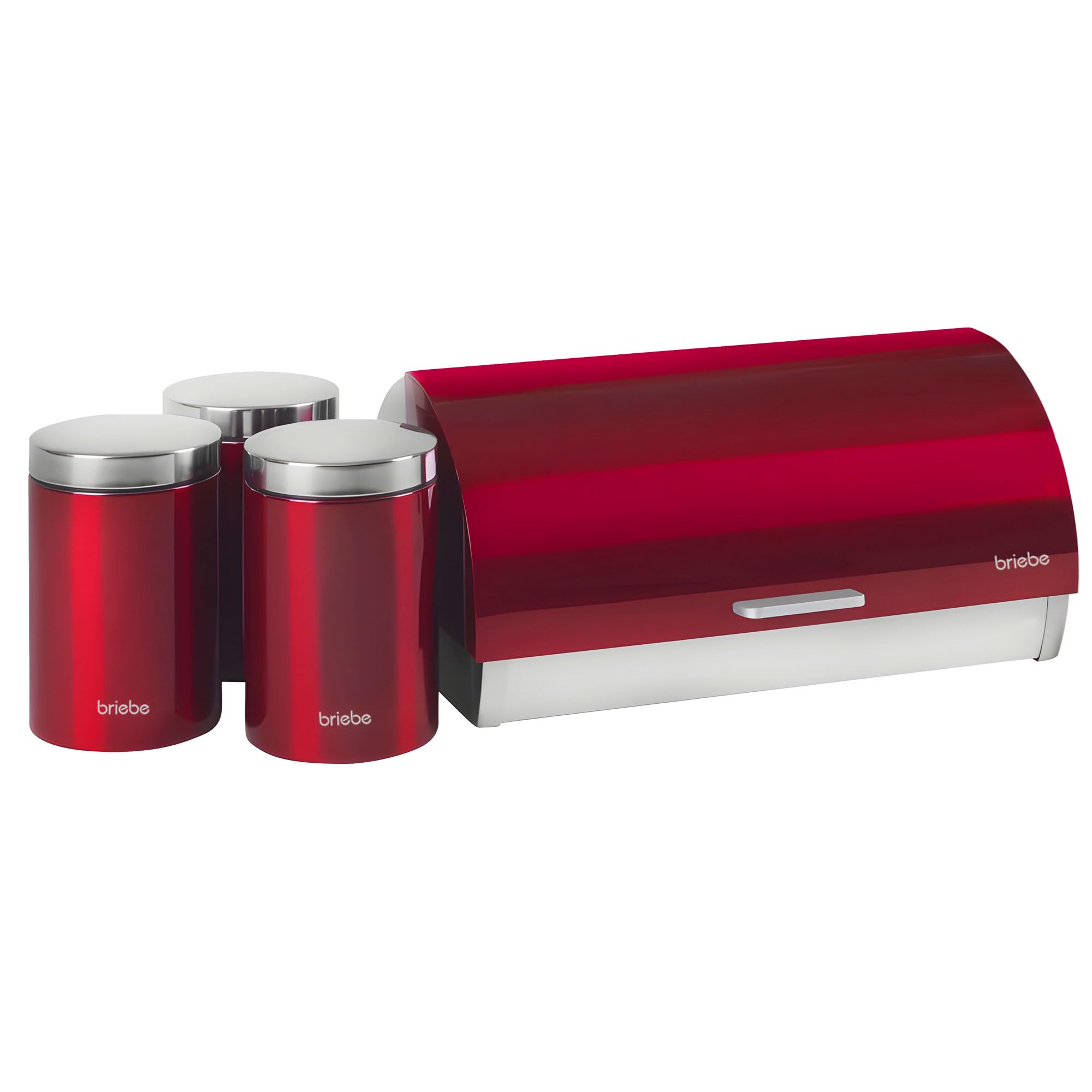 briebe Table Bread Bin Set + Set of 3 Kitchen Storage Cans, Stainless Steel, Container for Storing Bread and Pastries, Sliding Lid, Modern Design, Bread Box, Red/Stainless Steel