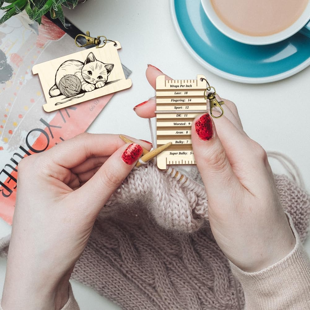 arricraft 1 Pc Knitting Needle Gauge Multifunctional Wood Spinning Control Card, Cute Cat with Wool Patterns WPI Guide Gauge Rulers for Spinners Yarn Measuring Tools Crochet Accessories