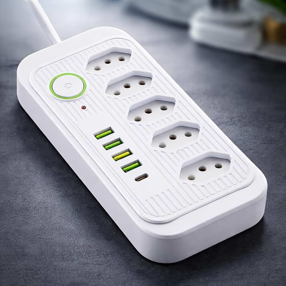Filtro de Linha Premium 5 Tomadas 4 USB 1 USB C Bivolt 2500W Extensão com Cabo 2m Carregamento Inteligente