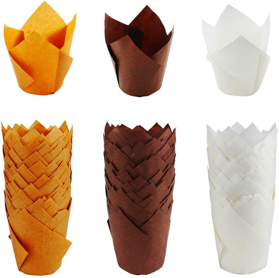 150 Pieces Tulip Baking Paper Cups Cupcake Muffin Liners Baking Cup Holder for Party,Weddings Brown Natural and White Color