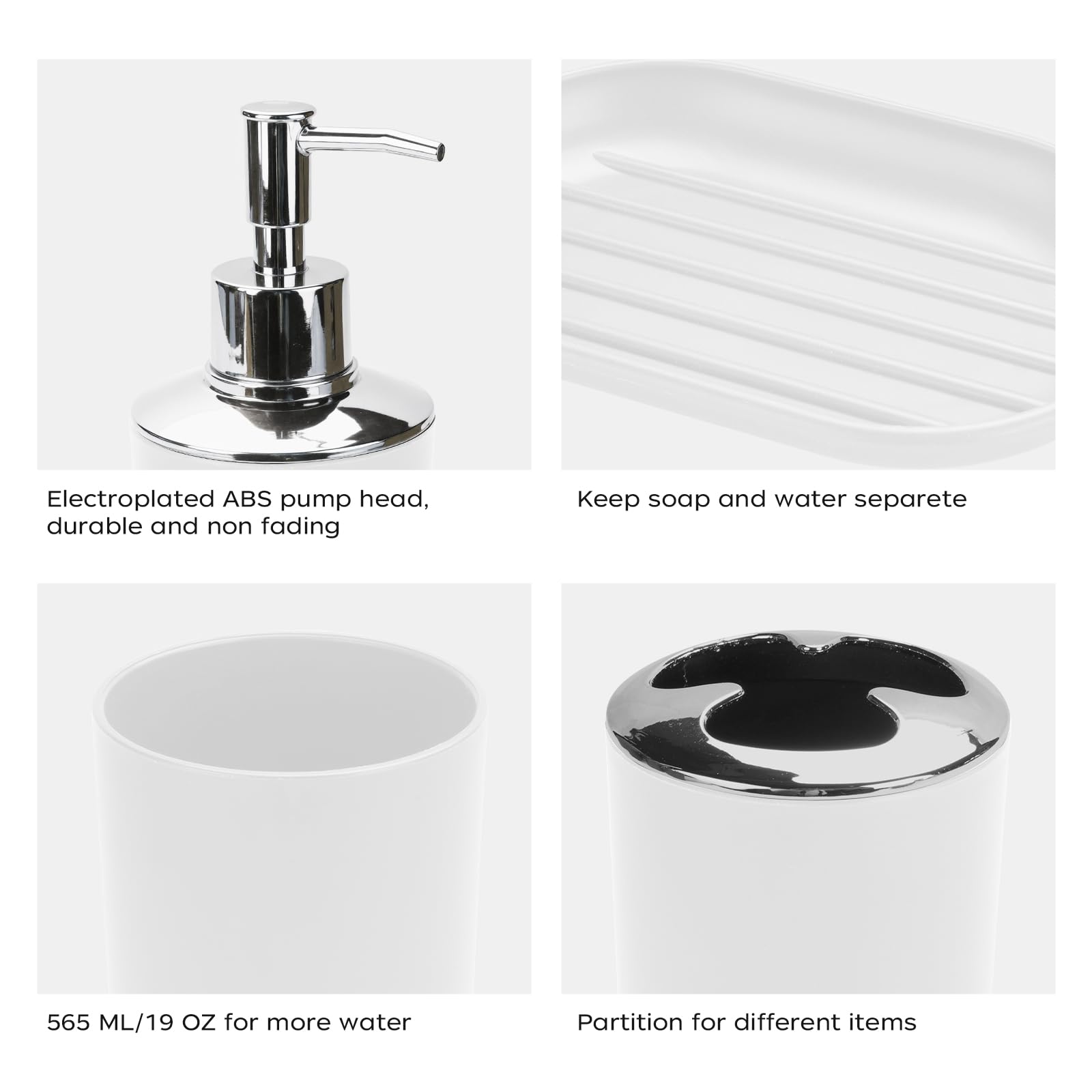 Juego de 4 accesorios de baño blancos, juego de soporte para cepillo de dientes de baño bohemio. Incluye dispensador de jabón, jabonera, soporte para cepillo de dientes, taza de enjuague bucal, juego