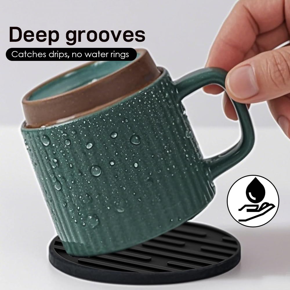 Posavasos Juego, Redondo Antideslizante Portavasos con Soporte, Silicone Coasters para Taza, Mesa, café, Bar, Bebidas, Drinking Coasters Cup Mat, 6 Piezas, Negro