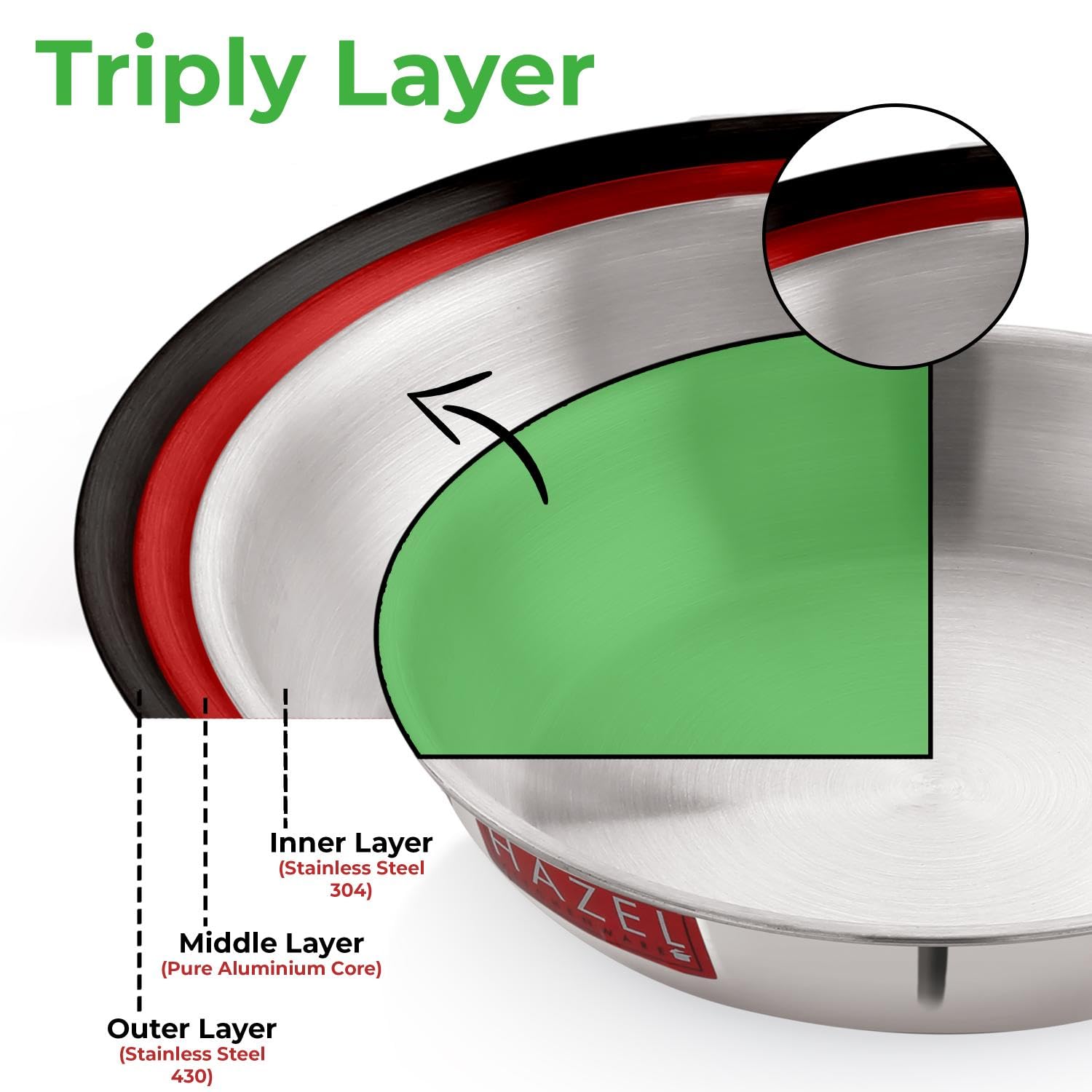 HAZEL Triply Kadai with Lid for Cooking | Triply Kadai Steel, 2.6 litres | Induction Bottom Triply Cookware for Gas and Induction Cooktop - Image 7 thumbnail