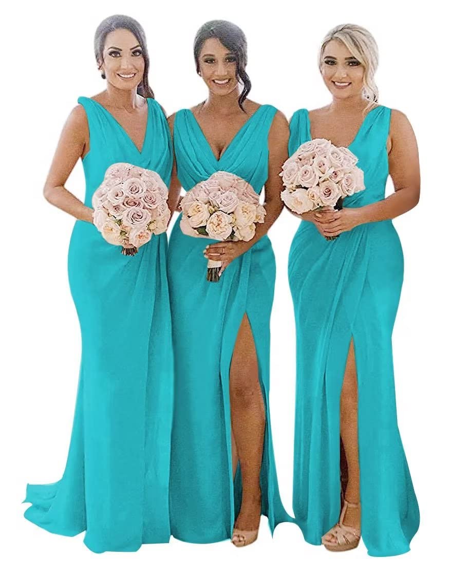 MARSEN Women's V-Neck Long Chiffon Pleated Split Bridesmaid Gowns 2 Aqua
