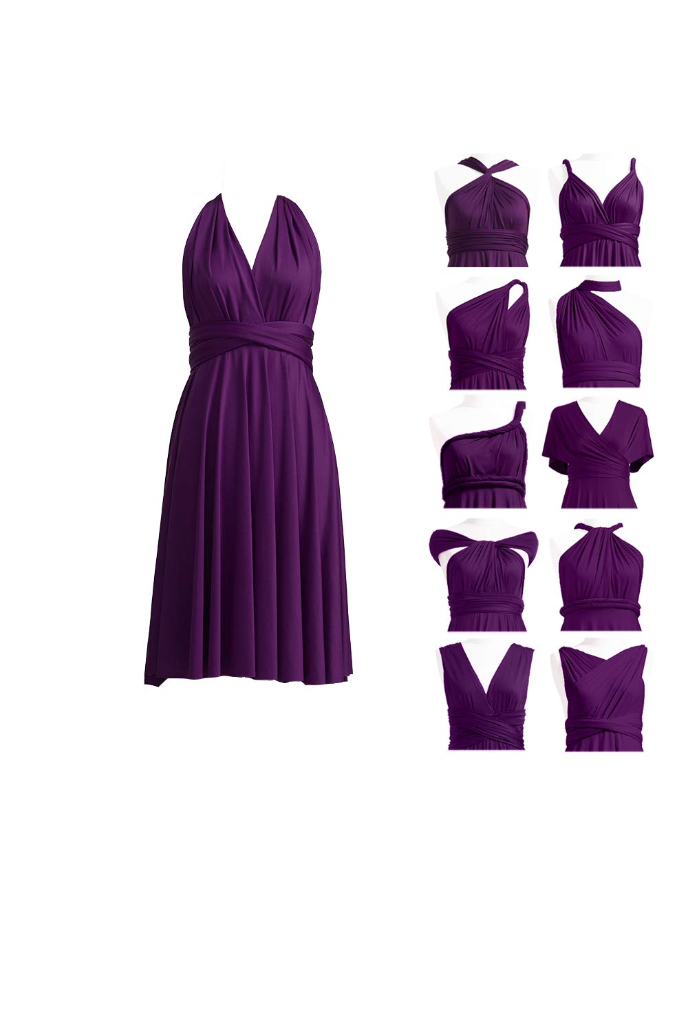 Short Multiway Bridesmaid Dress, Infinity Wrap Dress Midi, Knee Length, Formal Evening Gown Prom Wedding Guest, Dark Purple, M