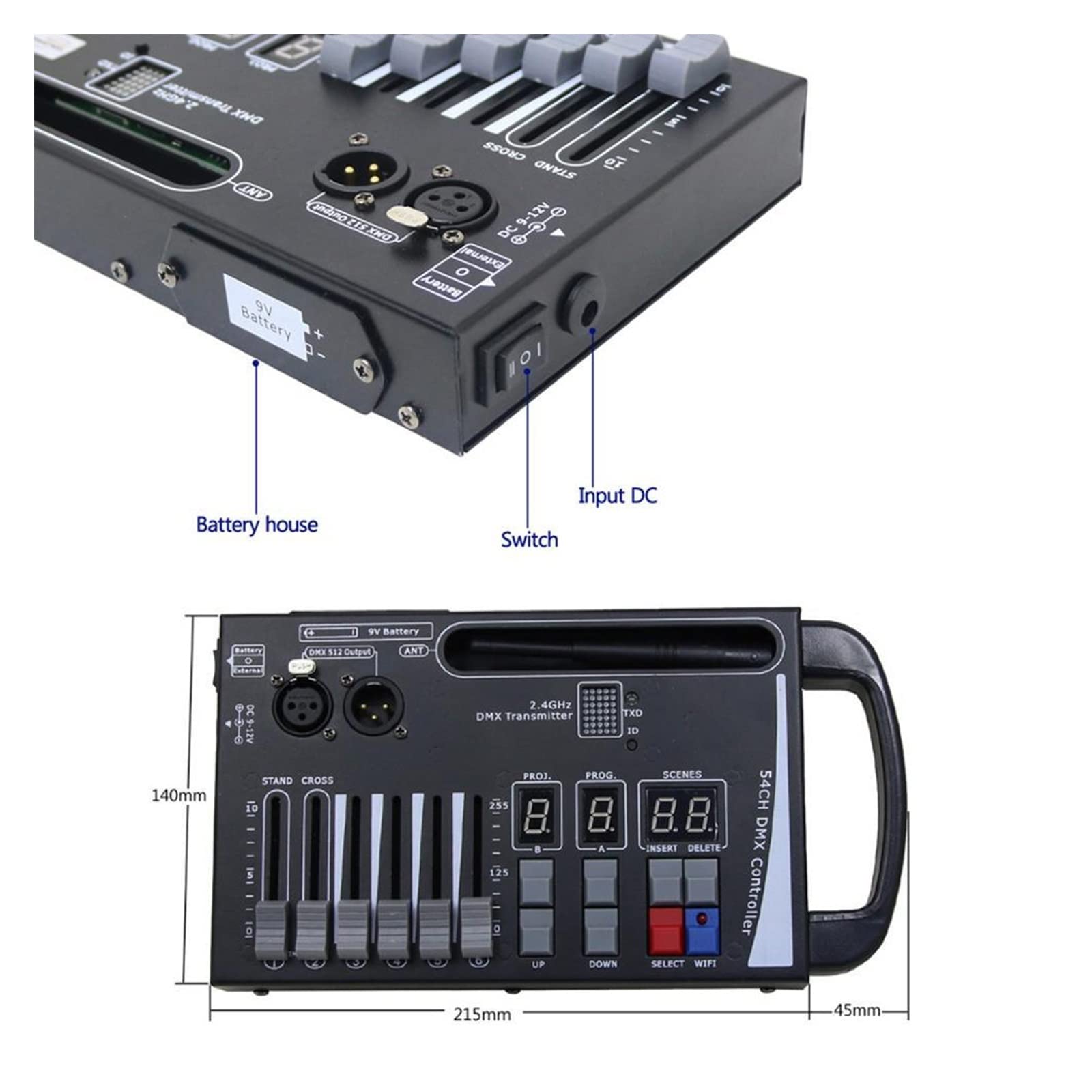 Contrôleur DJ sans Fil DMX512 avec récepteur à Batterie intégré, contrôleur Professionnel pour éclairage de scène et Divertissement à Domicile (DX0189)